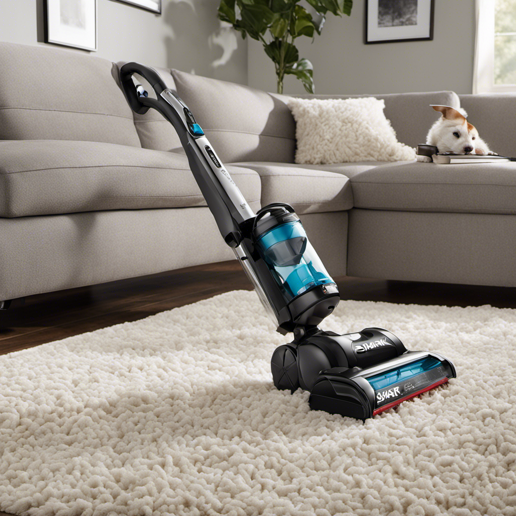 An image depicting a Shark vacuum with a specially designed pet hair attachment effortlessly removing fur from a plush couch and carpeted stairs, showcasing its effectiveness in tackling pet hair on various surfaces
