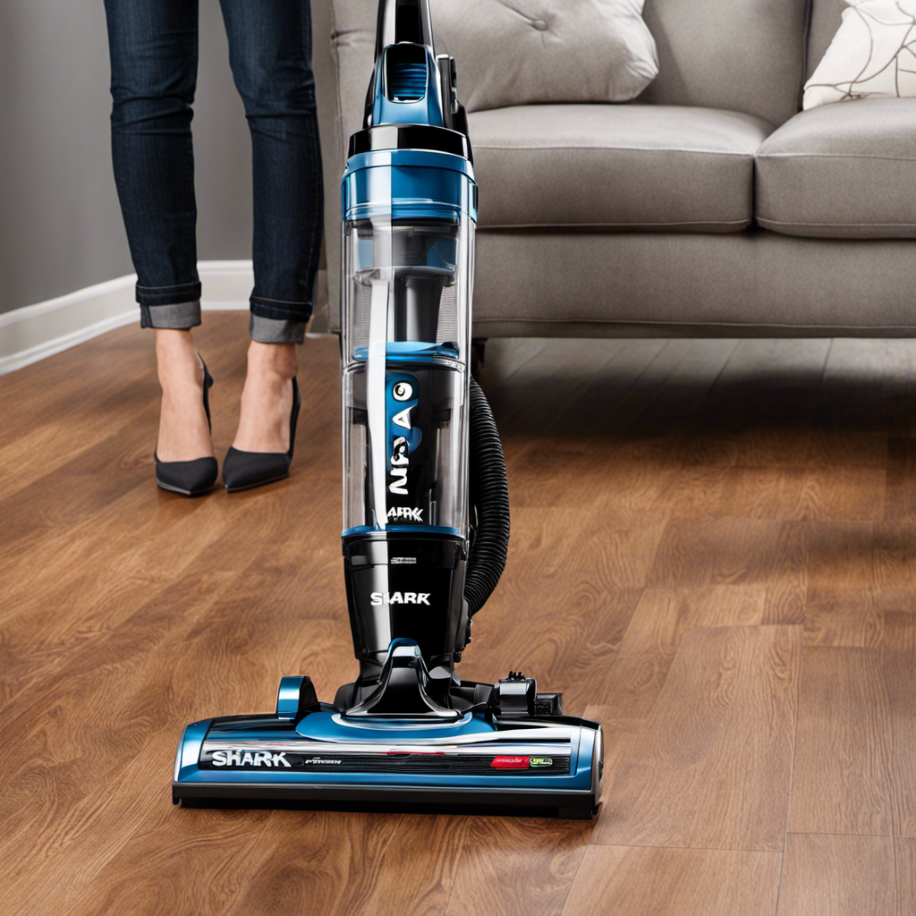 An image showcasing a powerful shark vacuum effortlessly removing pet hair from various surfaces like carpets, upholstery, and hardwood floors
