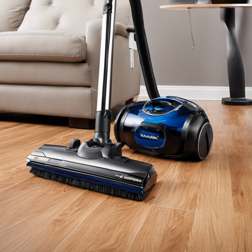 An image showcasing a Shark vacuum effortlessly sucking up pet hair from various surfaces, including carpets, upholstery, and hardwood floors