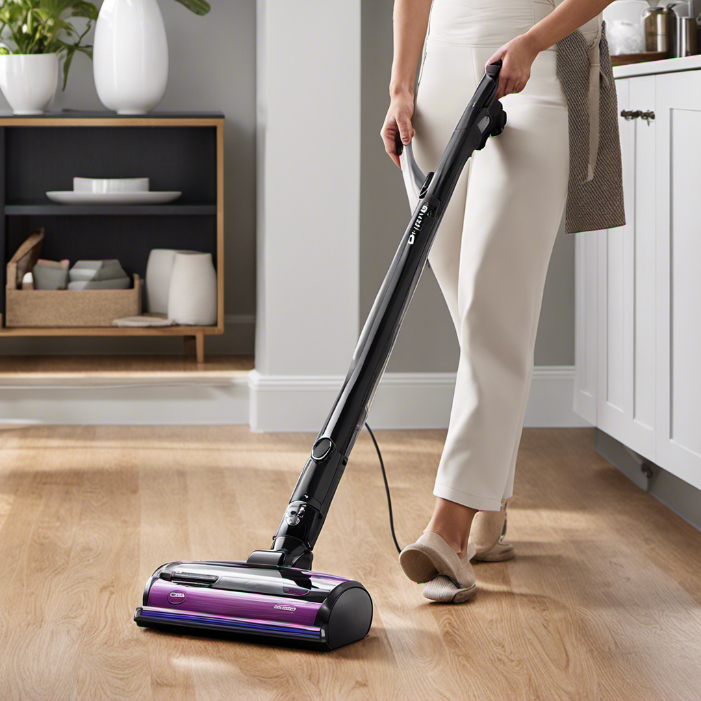 An image showcasing a compact canister vacuum effortlessly gliding across various surfaces, capturing every strand of pet hair with precision