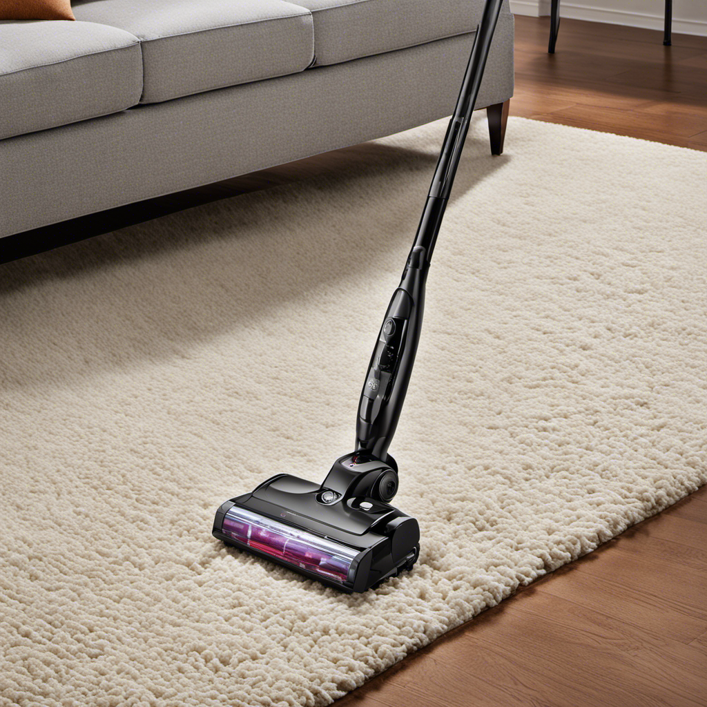 An image showcasing a sleek stick vacuum cleaner effortlessly sucking up clumps of pet hair from a plush carpet, with its high-powered motor, rotating brush, and specialized pet hair attachment in clear view