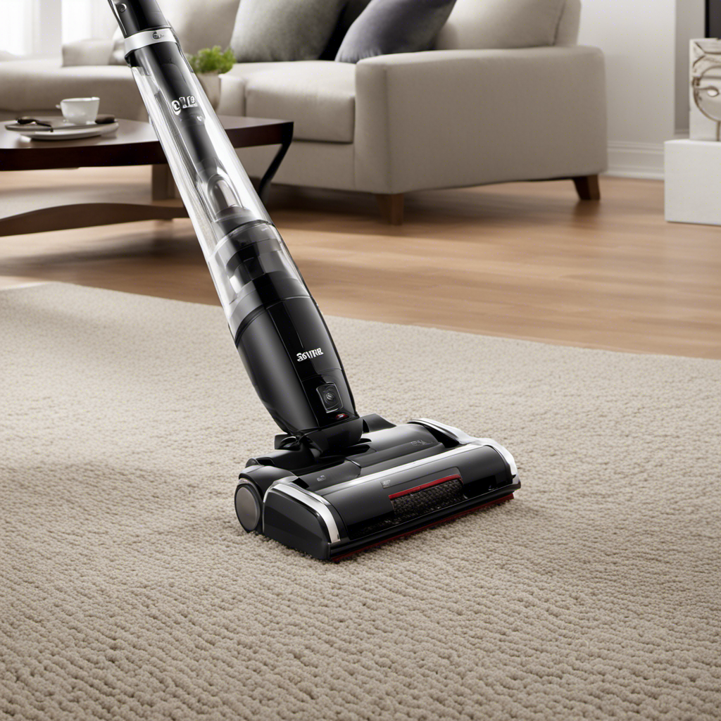 An image showcasing a sleek stick vacuum gliding effortlessly across a plush carpet, its powerful suction effortlessly capturing an array of pet hair, leaving behind a pristine surface