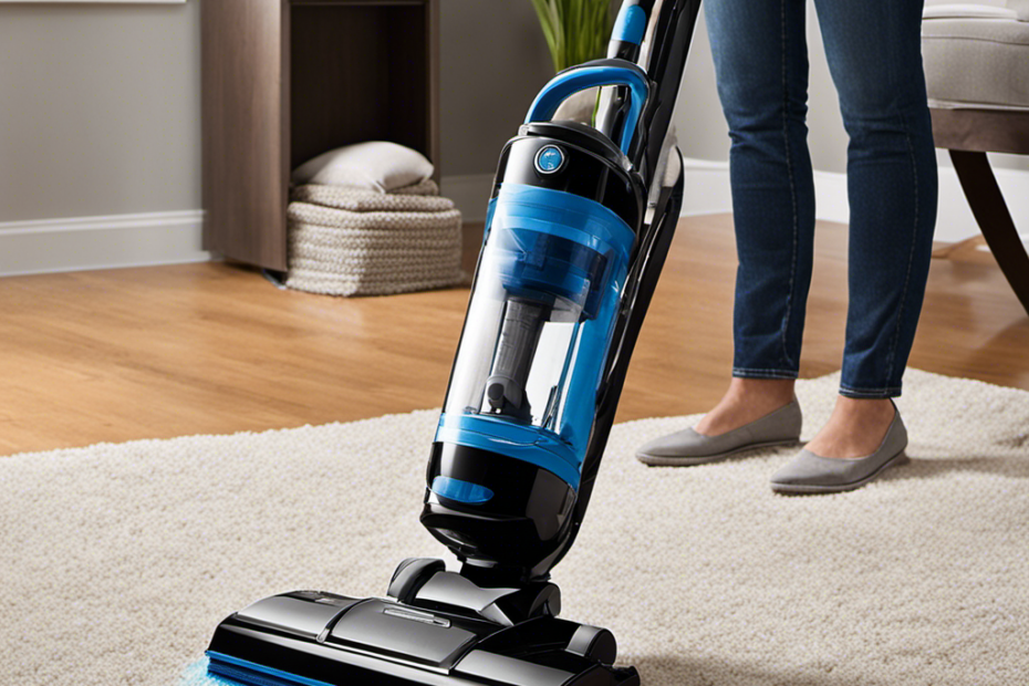 An image showcasing a powerful vacuum cleaner effortlessly removing pet hair from deep within carpets