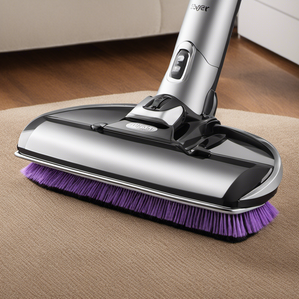 An image showcasing a sleek, innovative sweeper effortlessly gliding over a plush microfiber surface, effectively capturing every strand of pet hair