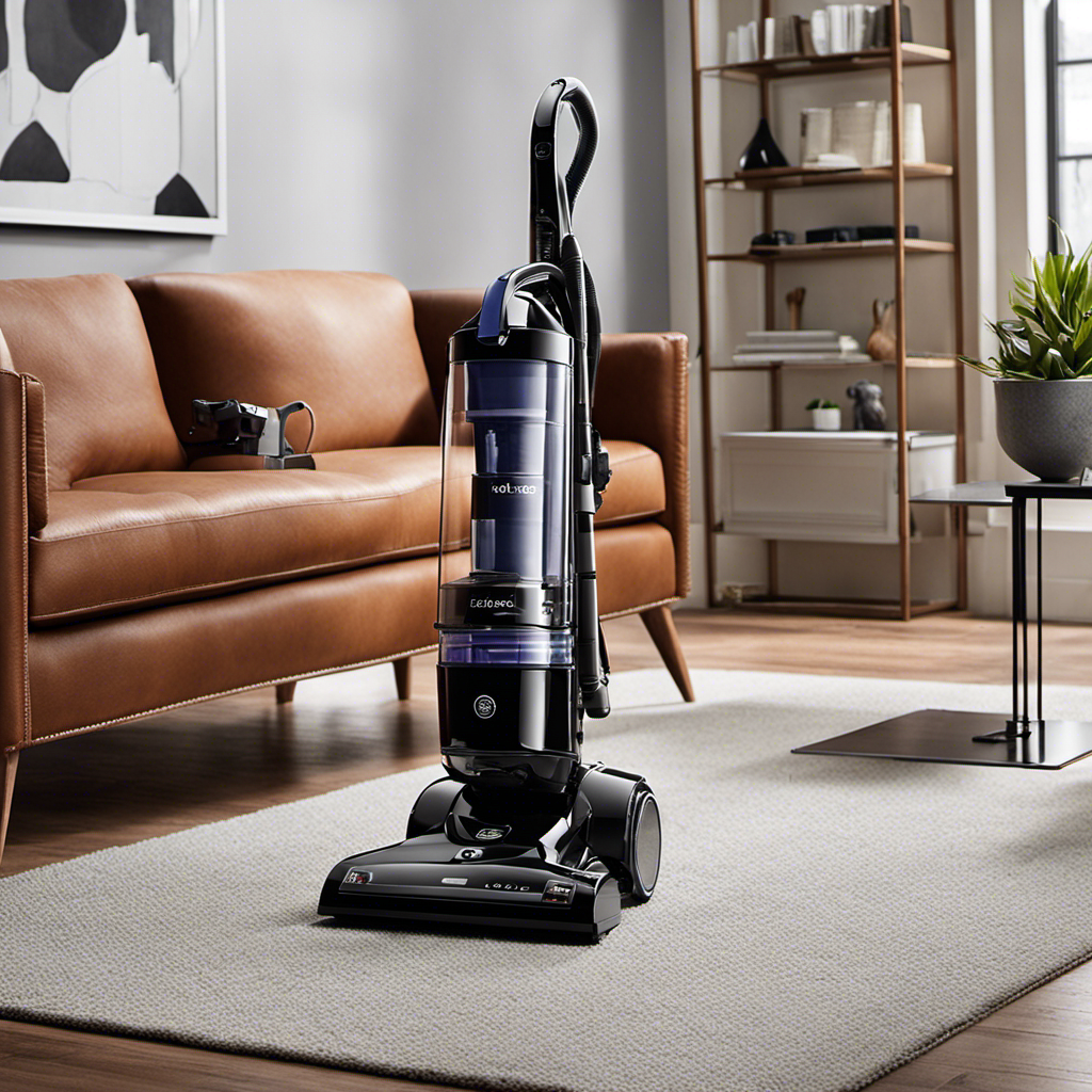 An image showcasing a sleek, powerful upright vacuum cleaner specifically designed to tackle pet hair