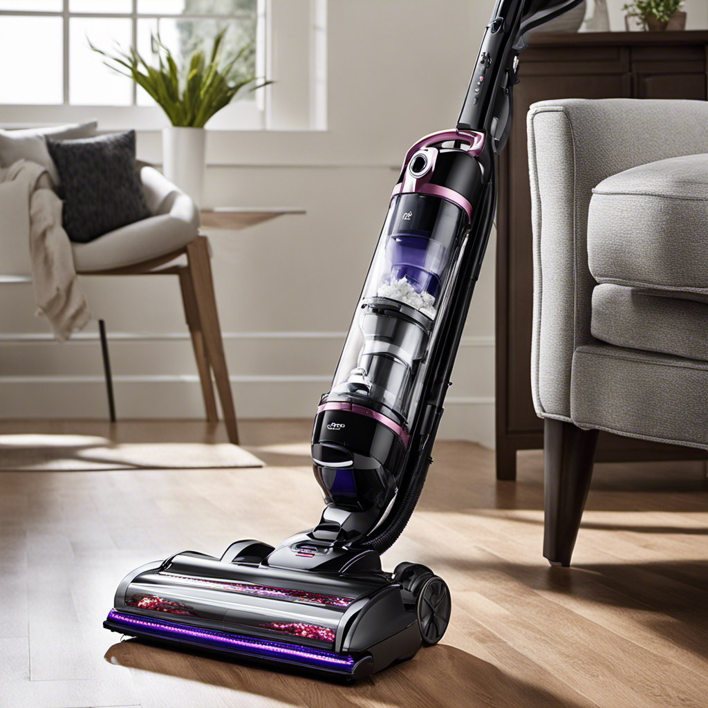 An image showcasing a sleek, modern upright vacuum, adorned with innovative pet hair removal attachments