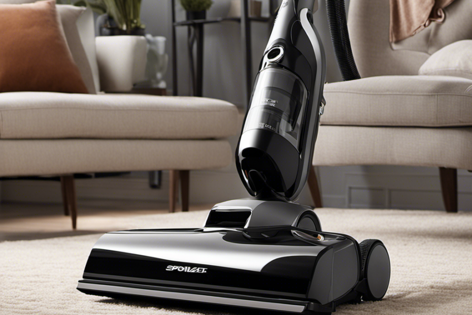 An image showcasing a sleek, high-powered vacuum cleaner with specialized pet hair attachments