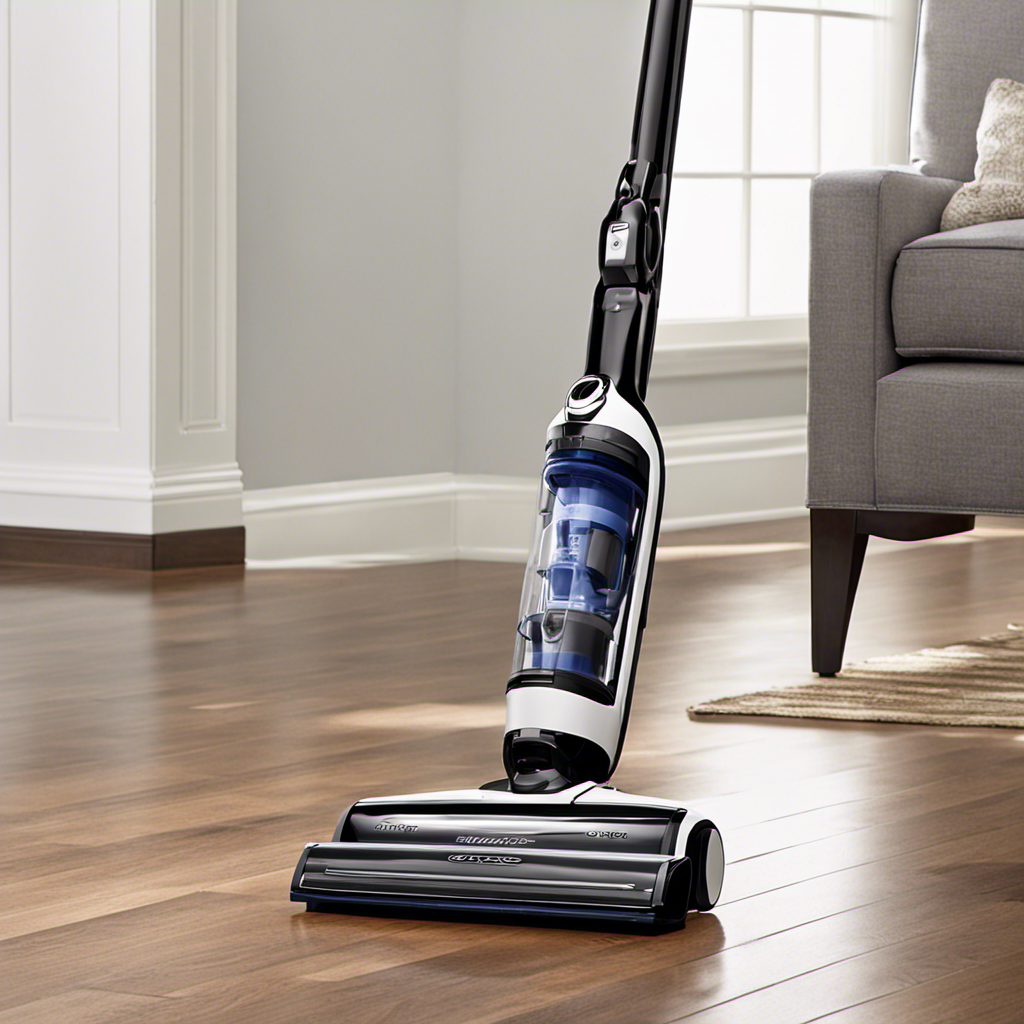 An image showcasing a sleek, lightweight vacuum with specialized attachments, effortlessly gliding over a pristine hardwood floor