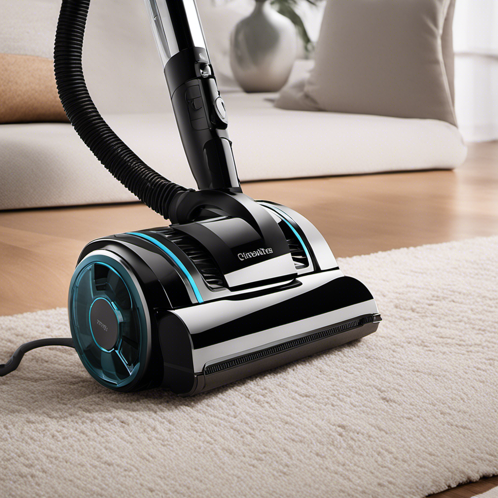 An image showcasing a sleek, powerful vacuum cleaner effortlessly sucking up pet hair from various surfaces