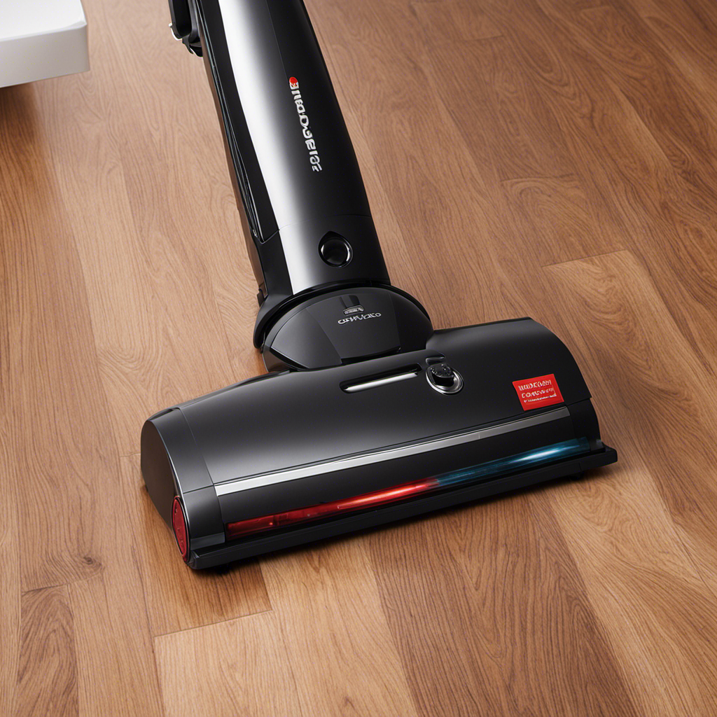 An image showcasing a sleek vacuum cleaner effortlessly gliding across a pristine hardwood floor, capturing every speck of pet hair, while effectively deep cleaning a plush carpet
