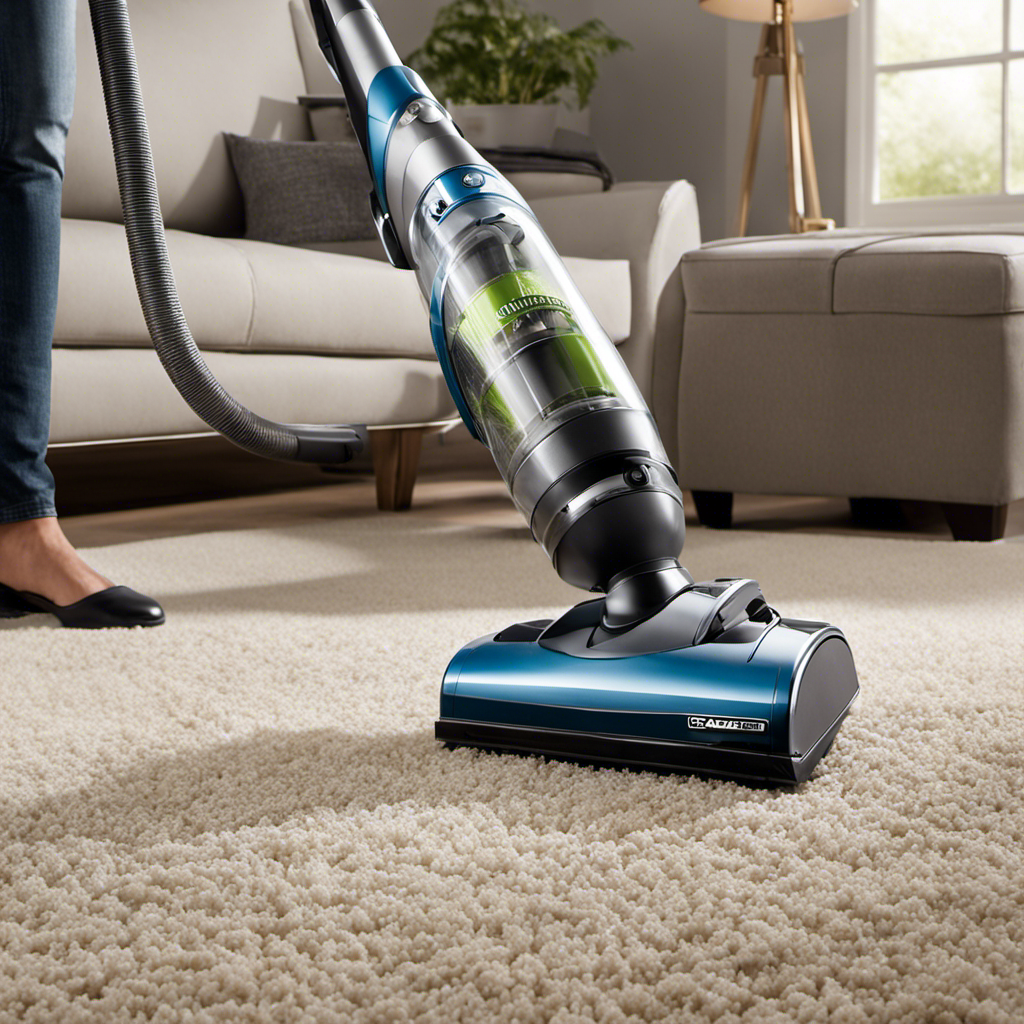 An image showcasing a powerful vacuum cleaner effortlessly removing pet hair from high pile carpet and laminate floors
