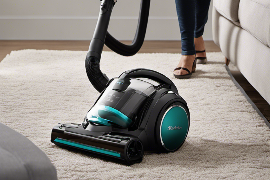 An image showcasing a powerful vacuum cleaner with specialized pet hair attachments, effortlessly removing fur from a plush carpet