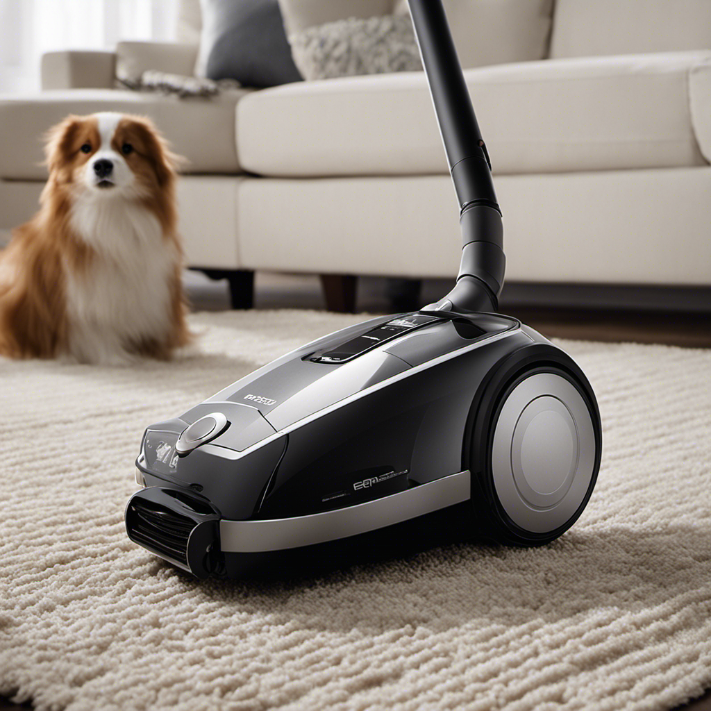 An image capturing a sleek, modern vacuum cleaner effortlessly sucking up copious quantities of pet hair from a plush carpet