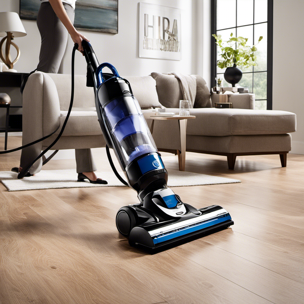 An image showcasing a sleek, high-powered vacuum cleaner with specialized rotating brushes effortlessly collecting an abundance of pet hair from various surfaces, leaving them spotless and fur-free