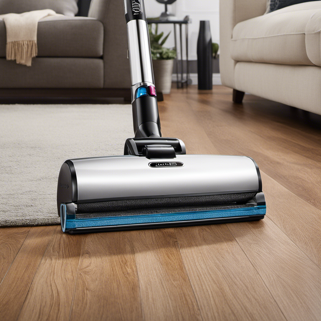 An image that showcases a sleek, powerful vacuum gliding effortlessly across a pristine hardwood floor, effortlessly lifting up every strand of pet hair and leaving behind a perfectly clean surface