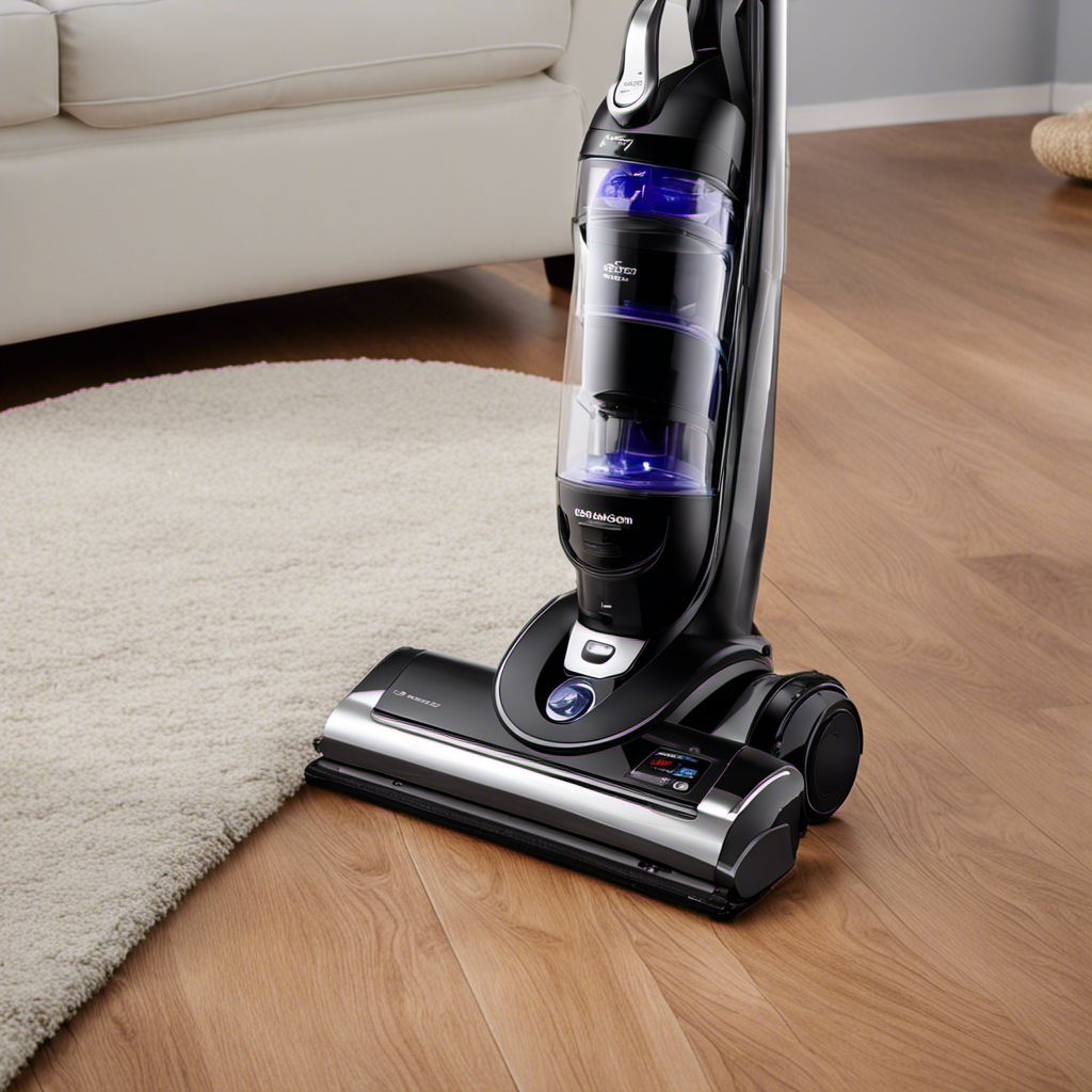 An enticing image showcasing a sleek, modern vacuum effortlessly gliding over a pristine hardwood floor, effectively capturing stubborn pet hair