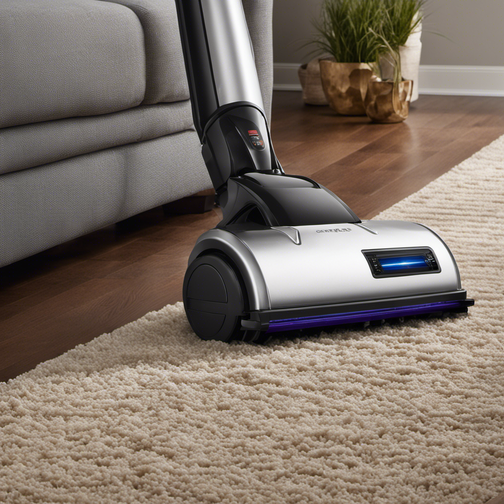 An image showcasing a sleek, high-powered vacuum gliding effortlessly across a plush carpet, effortlessly sucking up pet hair and dander