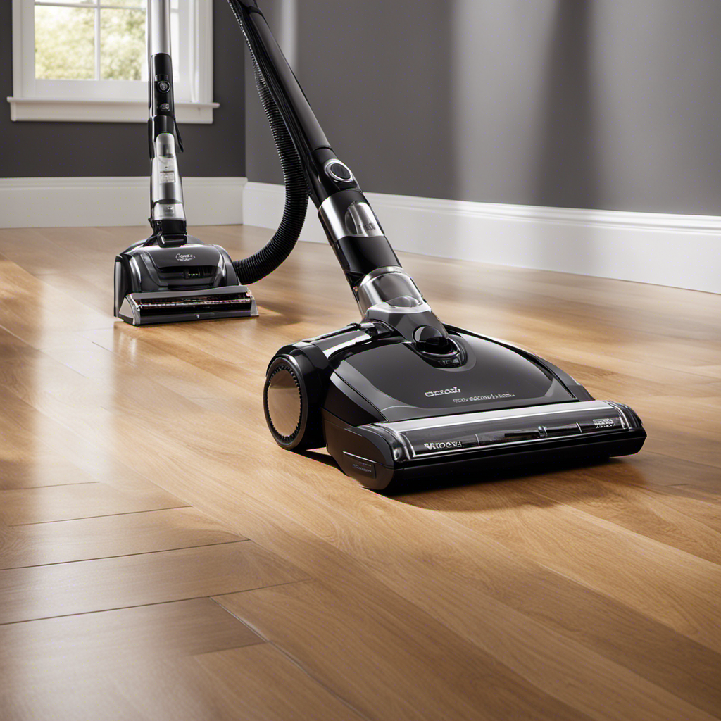 An image showcasing a sleek, modern vacuum effortlessly gliding over a pristine hardwood floor, capturing every speck of pet hair in its powerful suction