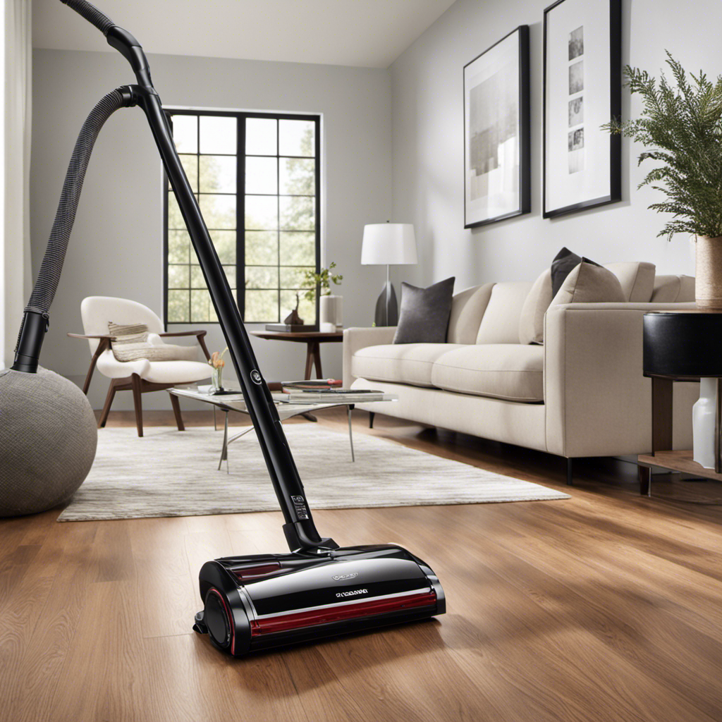 An image showcasing a sleek, modern vacuum effortlessly gliding over a pristine hardwood floor, with fine pet hair strands elegantly floating in its powerful suction