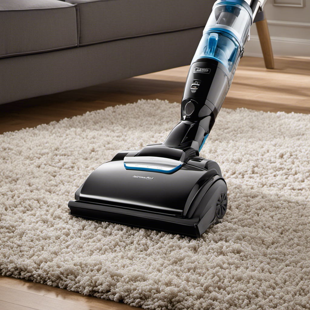 An image showcasing a powerful vacuum effortlessly removing stubborn pet hair from deep within a plush carpet