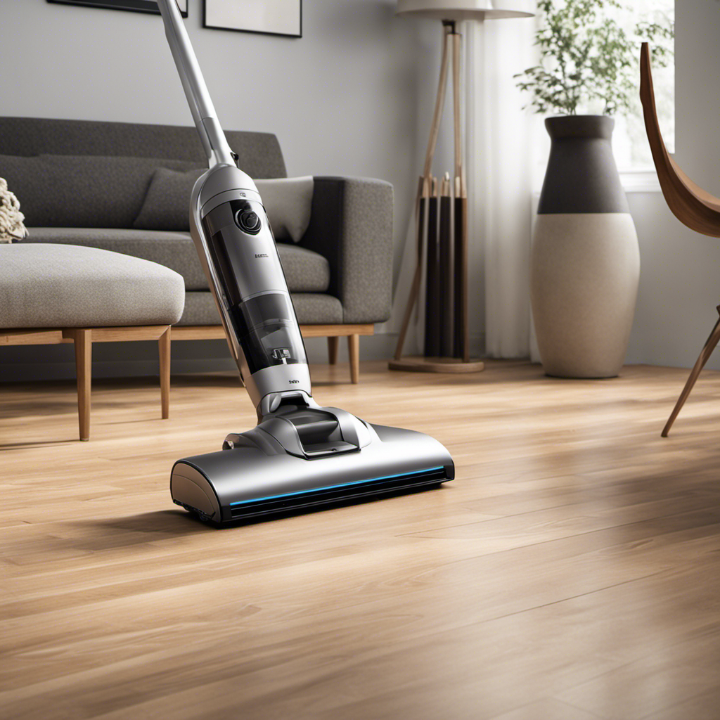 An image showcasing a sleek, modern vacuum cleaner effortlessly gliding over a pristine hardwood floor, effortlessly capturing every strand of pet hair