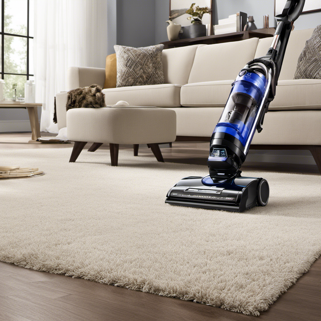 An image showcasing a sleek, powerful vacuum cleaner specifically designed for pet hair, with a turbo brush attachment effortlessly removing stubborn fur from carpets, while a transparent canister captures every allergen