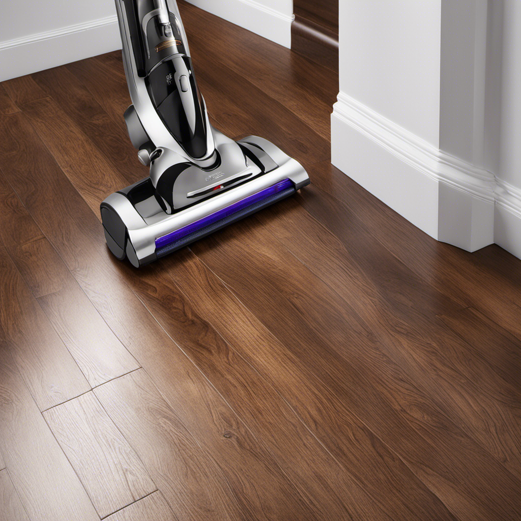 An image that showcases a sleek, modern vacuum gliding effortlessly over glossy real wood floors, effortlessly sucking up stubborn pet hair