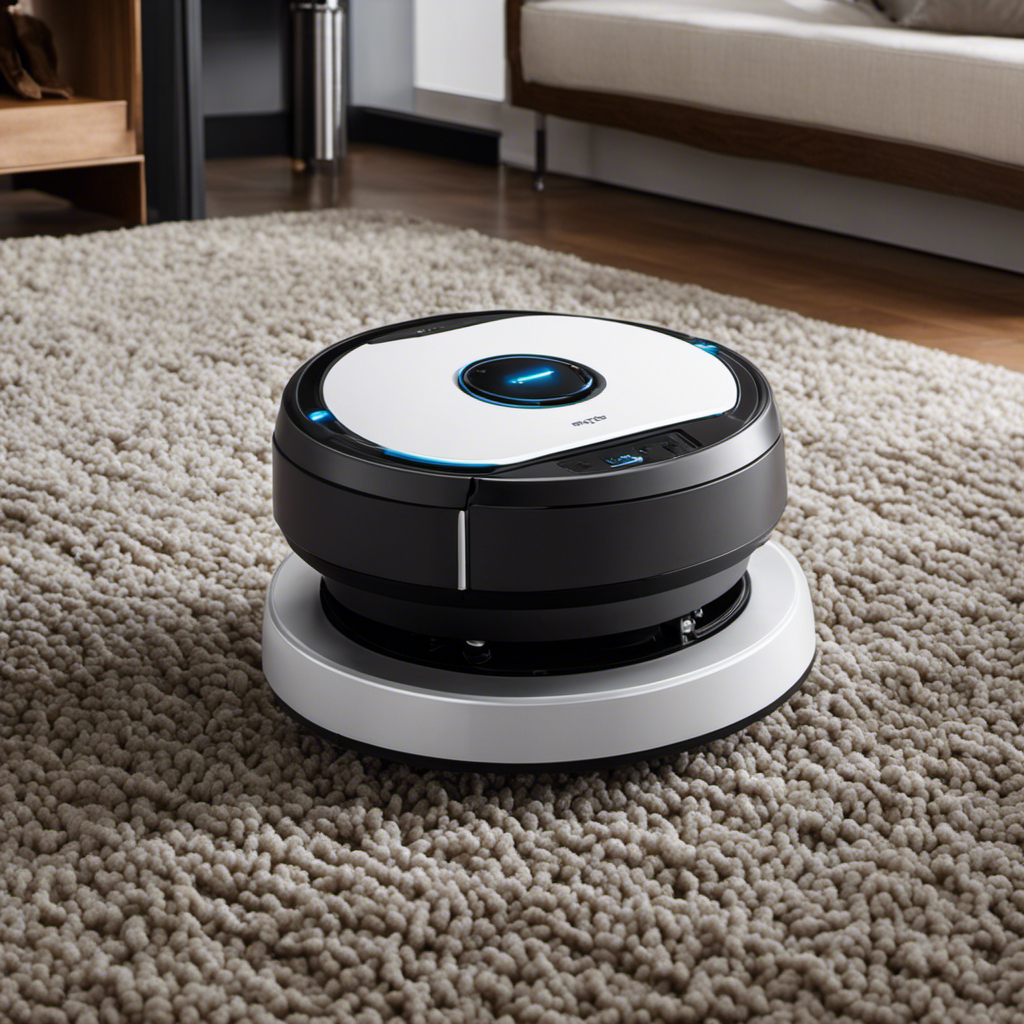 An image that showcases a high-tech vacuum robot gliding effortlessly over a plush, pet hair-infested carpet