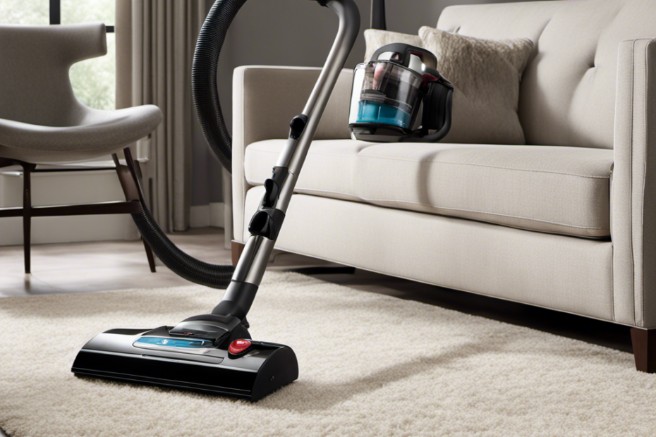 An image showcasing a sleek, modern vacuum gliding effortlessly across a plush carpet, with fine tufts of pet hair being lifted and trapped in its powerful suction, leaving behind a pristine surface