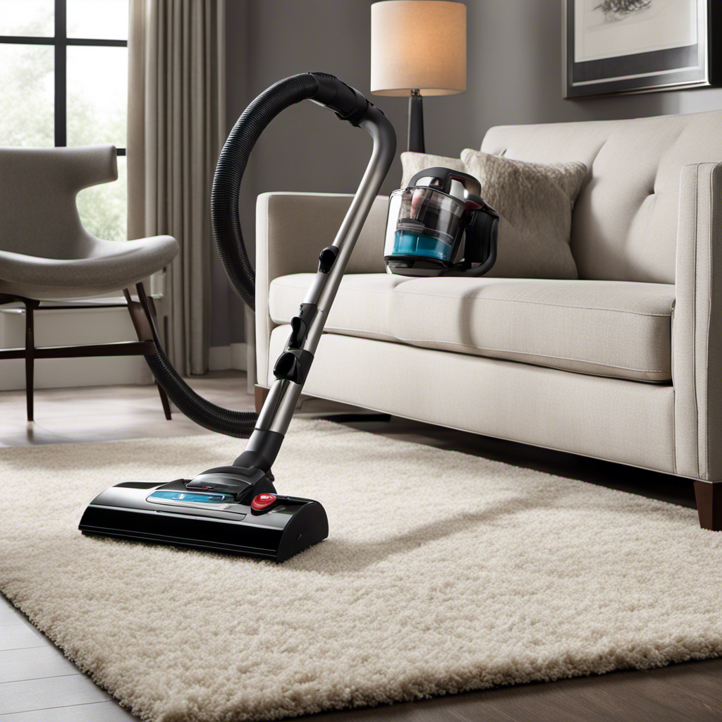 An image showcasing a sleek, modern vacuum gliding effortlessly across a plush carpet, with fine tufts of pet hair being lifted and trapped in its powerful suction, leaving behind a pristine surface