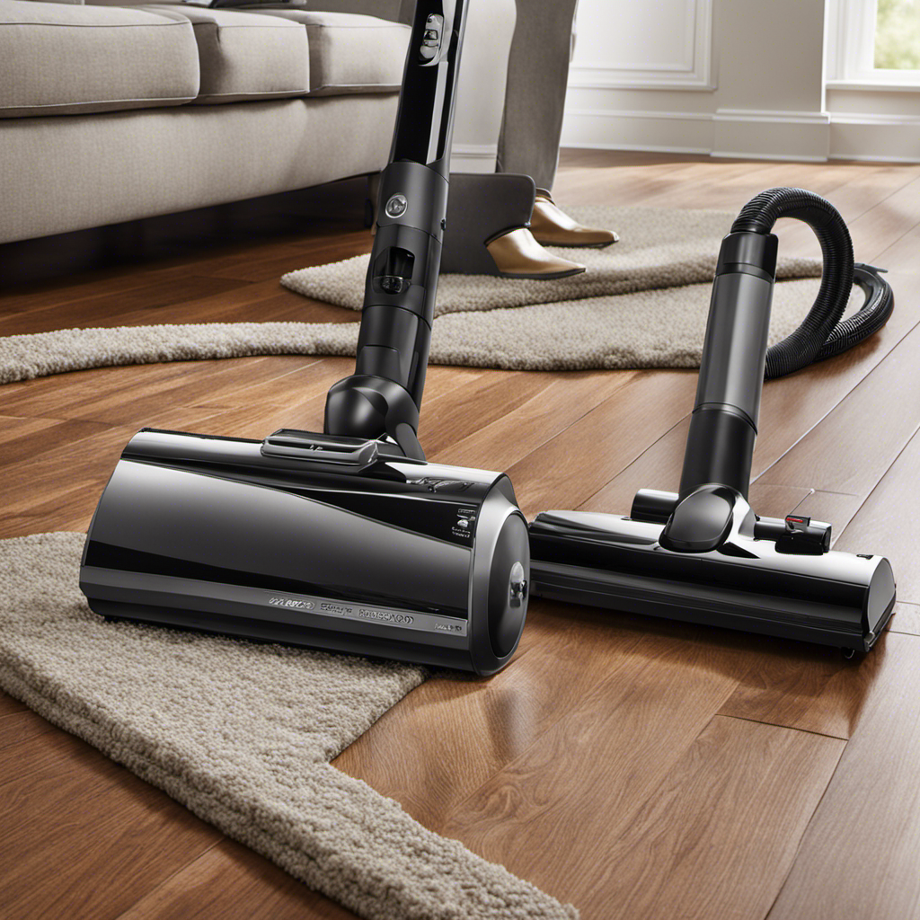 An image featuring a sleek, modern vacuum with specialized pet hair attachments, effortlessly extracting pet fur from various surfaces such as carpets, upholstery, and hardwood floors