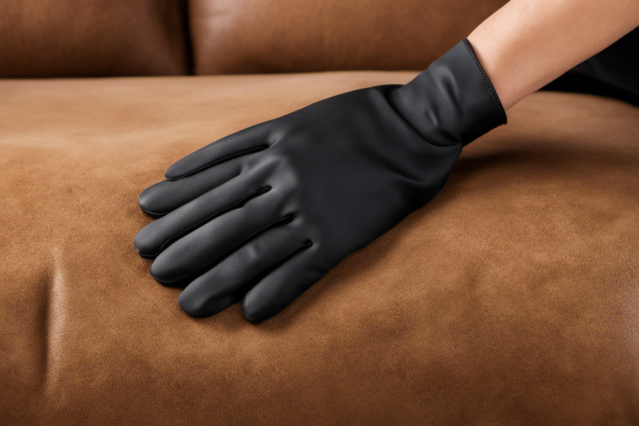 An image that showcases a hand wearing a rubber glove gently brushing a suede couch, effectively removing pet hair