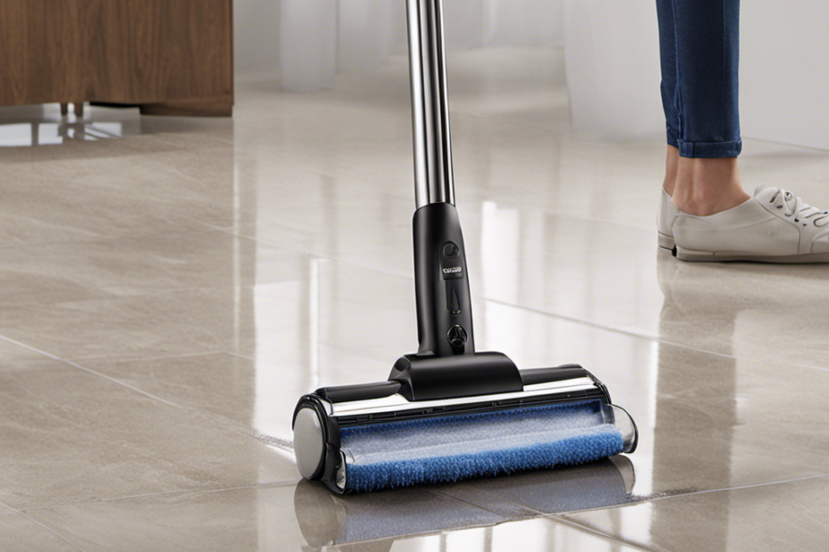 An image that showcases a sparkling bathroom floor, with a handheld vacuum cleaner effortlessly sucking up pet hair from the tiles