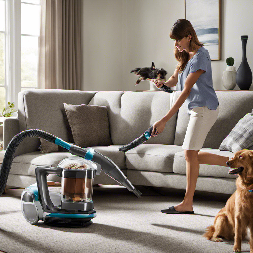 An image showcasing a person using a handheld vacuum with a rotating brush attachment to effortlessly remove pet hair from a plush, patterned sofa, revealing its clean and hair-free surface