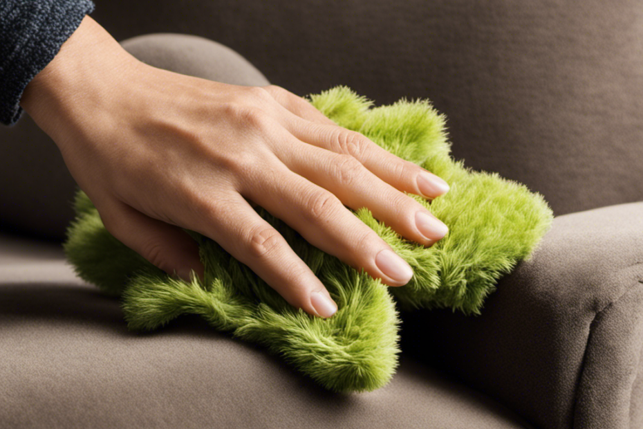 An image capturing a hand covered in a microfiber glove, gently sweeping and collecting pet hair from a plush sofa