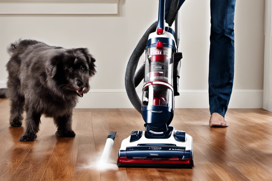 An image showcasing a person using a high-powered vacuum cleaner with a rotating brush attachment, effortlessly removing pet hair from a gleaming hardwood floor