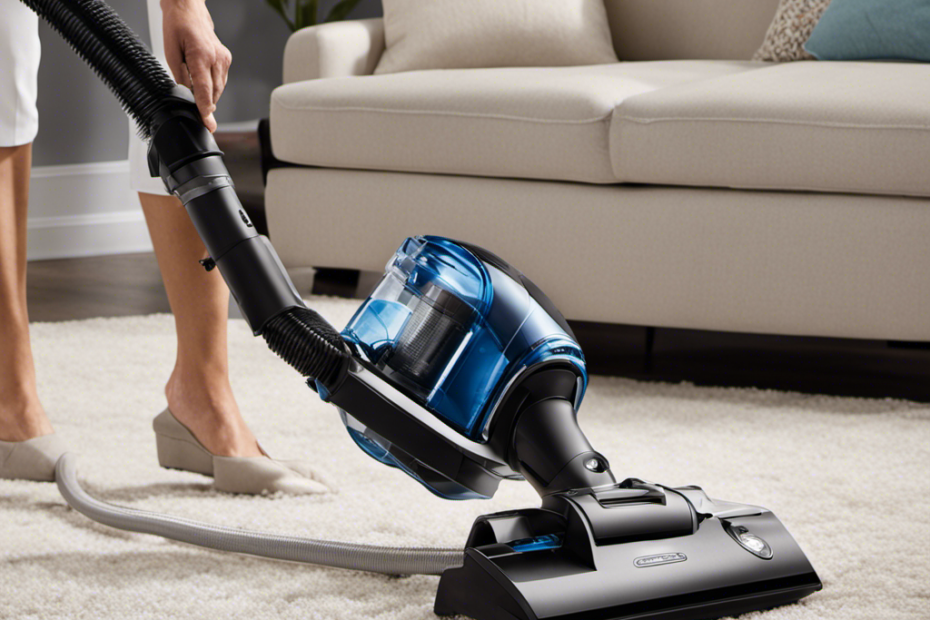 An image showcasing a person using a powerful vacuum cleaner with specialized pet hair attachments, meticulously gliding it over a plush sofa