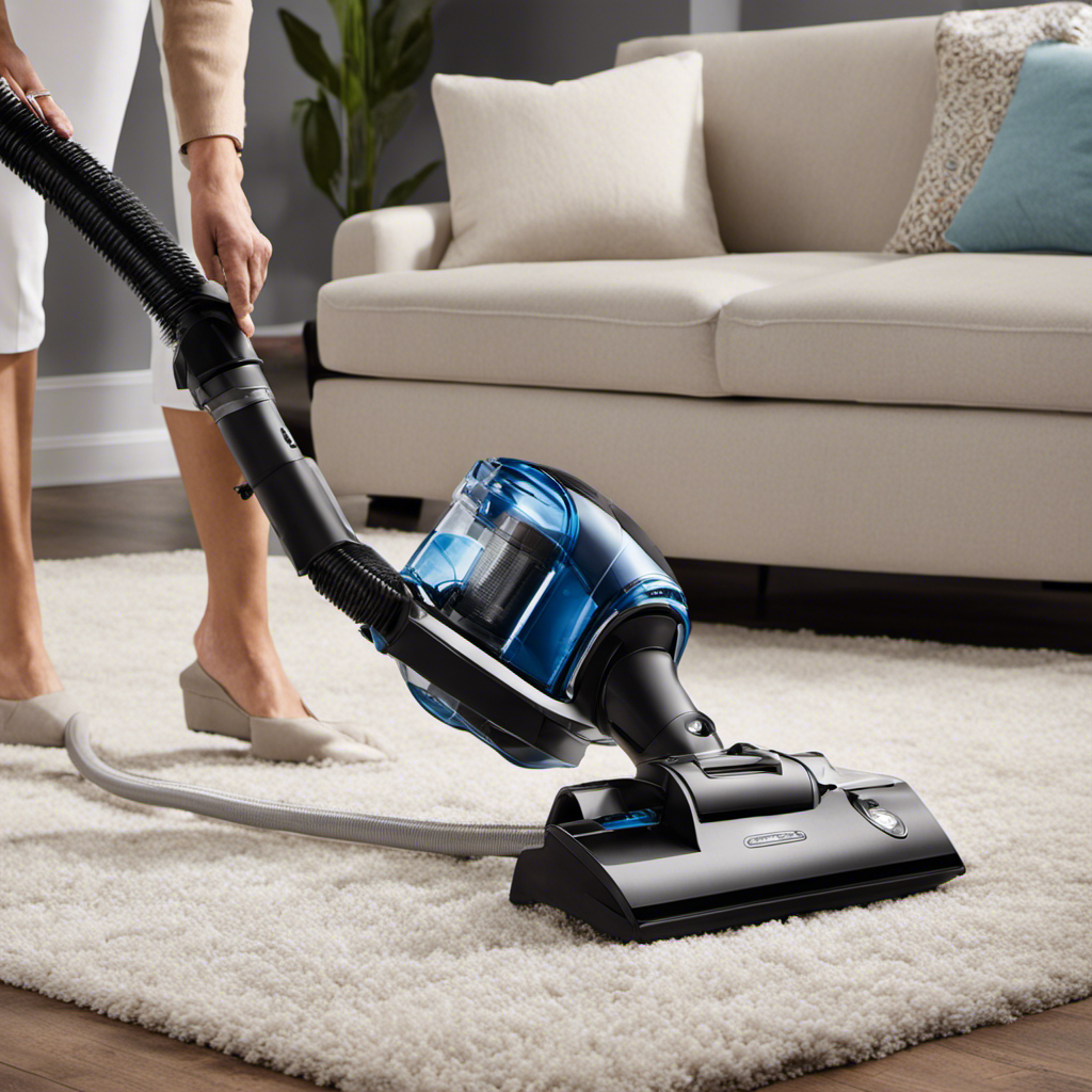 An image showcasing a person using a powerful vacuum cleaner with specialized pet hair attachments, meticulously gliding it over a plush sofa