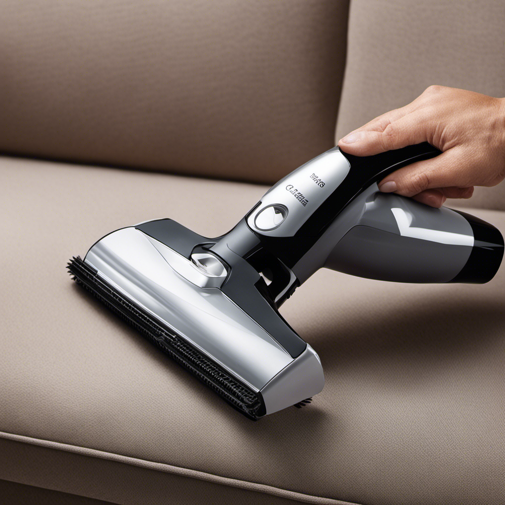 An image showcasing a close-up shot of a handheld vacuum cleaner in action, effortlessly sucking up pet hair from a plush sofa
