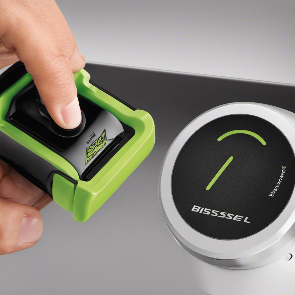 An image showcasing the Bissel Pet Hair Eraser, focusing on the button beneath the charger