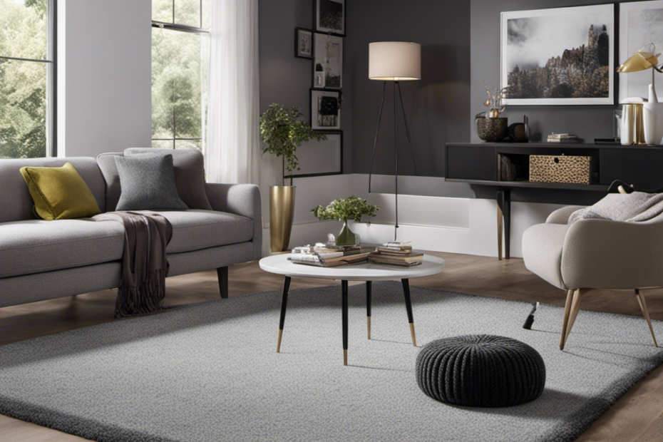 An image showcasing a modern living room with a plush, light grey carpet, elegantly complemented by a dark grey pet bed and a vibrant, patterned rug