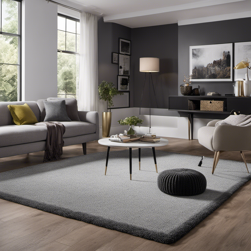 An image showcasing a modern living room with a plush, light grey carpet, elegantly complemented by a dark grey pet bed and a vibrant, patterned rug