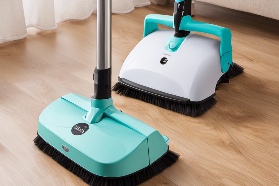 An image showcasing a variety of affordable and highly efficient pet hair sweepers, placed side by side on a clean wooden floor