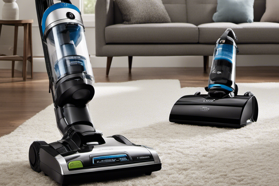 An image showcasing two contrasting vacuum cleaners side by side: one specifically designed for pet hair, featuring a specialized brush roll and a larger debris canister; and another standard vacuum without these features, highlighting the difference visually