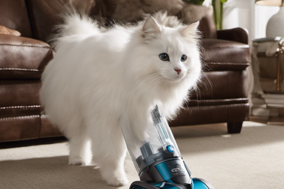 An image showcasing a handheld vacuum with a rotating brush head effortlessly gliding over a plush couch, capturing every strand of pet hair
