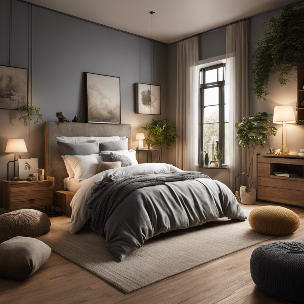 An image that shows a serene bedroom scene with a large floor covered in pet hair