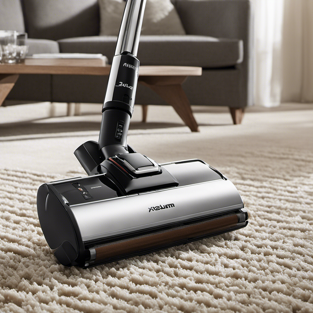 An image showcasing a sleek, modern vacuum effortlessly gliding over a carpet, expertly capturing stubborn pet hair