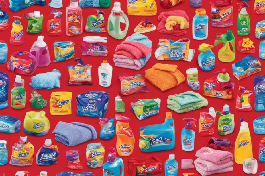 An image featuring a vibrant fabric softener bottle surrounded by a variety of pet hair and static cling-prone textiles, including blankets, clothing, and upholstery