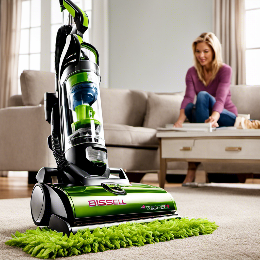 An image showcasing the Bissell Pet Hair Eraser Lift-Off Upright Vacuum in action, capturing its powerful suction as it effortlessly removes pet hair from carpets, leaving them immaculately clean