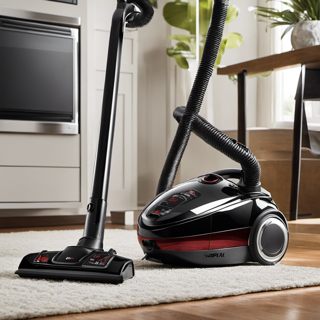 An image showcasing a sleek, powerful canister vacuum cleaner specifically designed for pet hair removal
